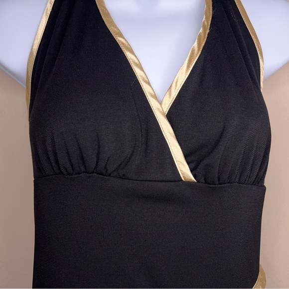 Large Juniors Vintage Y2K La Belle Dress Black Gold Satin Halter Layered Retro - Picture 7 of 13
